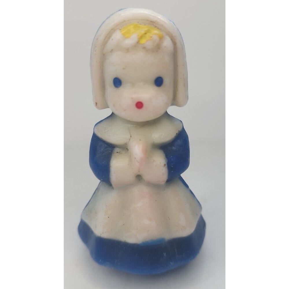 Vintage Thanksgiving Pilgrim Girl Blue Dress Candle 3" SKU H72